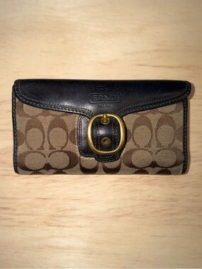 Coach Brown Signature Canvas Wallet with Black Leather Trim